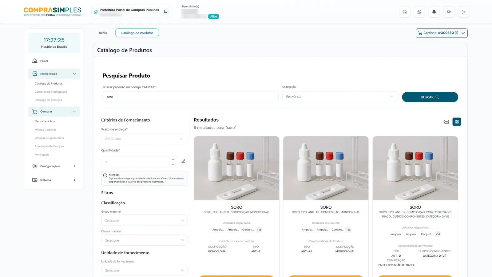 Tela do Compra Simples com a pesquisa no catálogo de produtos, filtros e resultados.