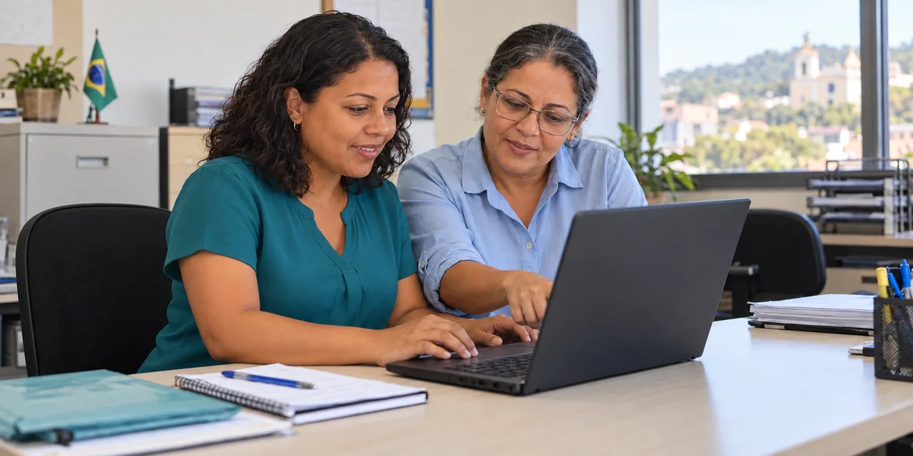 Duas colegas acompanham juntas a tela de um notebook; uma delas aponta um detalhe.