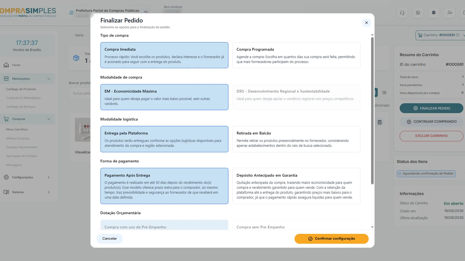Tela do Compra Simples com as opções para finalizar o pedido: tipo de compra, modalidade, entrega e pagamento.